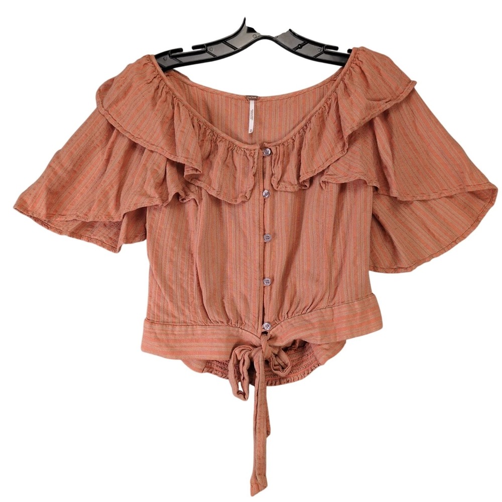 Free People Orange Striped‎ Peasant Crop Top Button Up Shirt Womens M Ruffle Tie